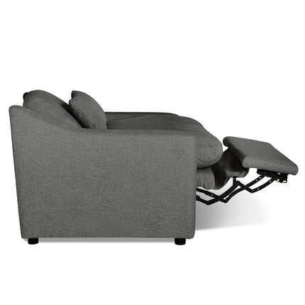 Gray reclining sofa, side view, with extended footrest. Plush cushions and sleek design on dark square legs, showcasing comfort and style against a white background.