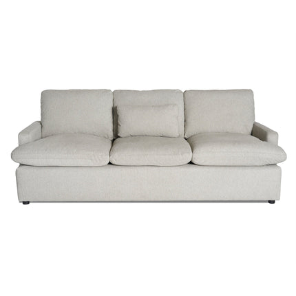 A light grey, three-seater sofa with a simple, modern design, featuring three back cushions and wide armrests, set against a plain white background.