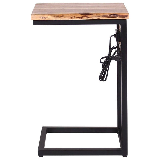 The side view shows the Live Edge USB C-Table with a C-shaped design, featuring a live-edge acacia wood top and black metal frame. It includes a power outlet and cord on one vertical bar for added charging functionality.