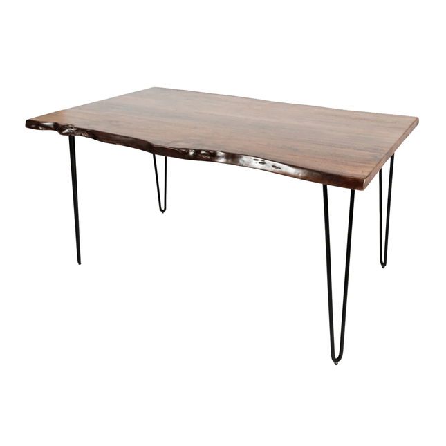 The Live Edge Hairpin Desk features a wooden acacia tabletop with a natural edge and polished surface, highlighting the wood grain. It sits on slim metal hairpin legs, making this sleek piece an ideal addition to any home office furniture collection.