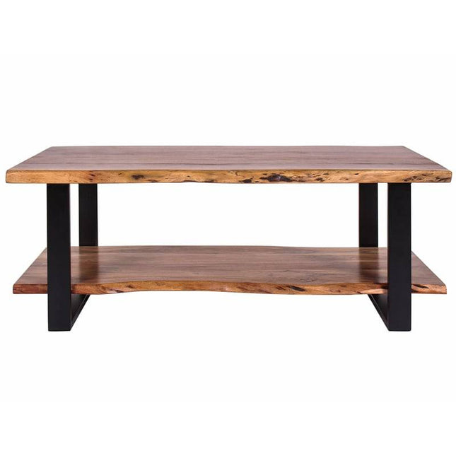 The Live Edge Coffee Table boasts an oblong acacia top with a natural wood finish, a matching shelf, and black metal legs in a two-tier design.