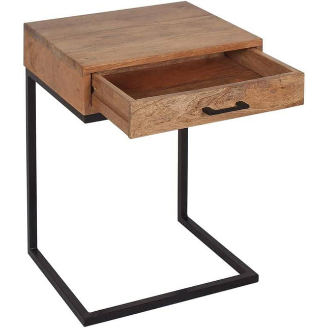 The Acacia C-Table w/Drawer features a natural acacia wood tabletop and drawer with an open design, set on a sleek black metal frame, complemented by a black handle. This minimalist table offers modern style and convenient storage.