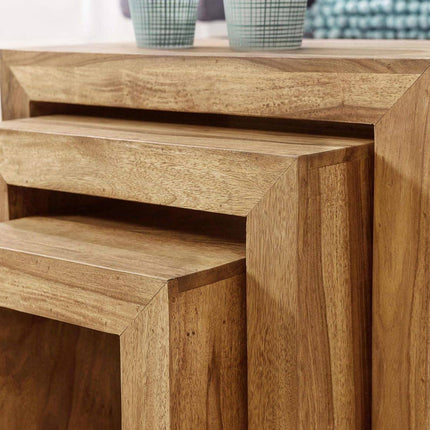 The Acacia Nesting Tables, crafted from acacia wood with a natural grain and rectangular design, are perfect for small spaces. Two small plants in patterned pots adorn the largest table, showcasing its versatility.