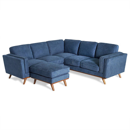 The Maddox is a blue mid-century modern sectional with wooden legs and an attached chaise, ideal for the living room. Its clean lines and plush cushions provide style and comfort, making it essential for any contemporary space.