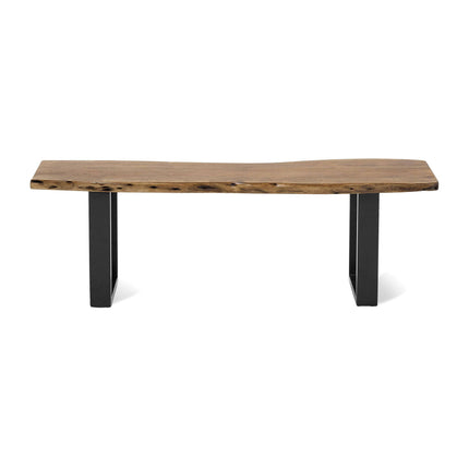 The Live Edge Bench features a handcrafted acacia surface with natural, uneven edges and stunning wood grain patterns. It rests on black rectangular legs, blending rustic charm with modern appeal.