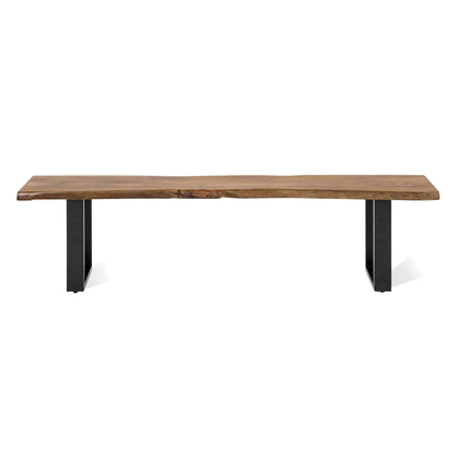 The Live Edge Bench, handcrafted from acacia with black metal legs, features a minimalist design. Its smooth wooden surface and sturdy supports make it a unique dining table accent or versatile seating option.