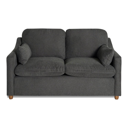 The My Cloud Slope Loveseat in dark gray offers two seat and back cushions, plus side pillows. Featuring short wooden legs and a sleek, modern design with plush fabric, it’s a durable piece that combines comfort with style effortlessly.