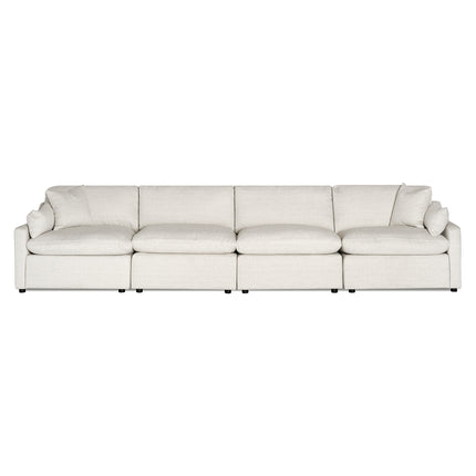 The My Cloud Slope 4 Piece Straight is a long, light gray upholstered sectional sofa offering My Cloud comfort with four seat and back cushions. It features clean lines, minimal design, small black feet, and includes two matching throw pillows on each end.