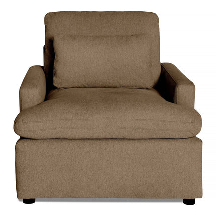 My Cloud Chair is a comfy brown armchair with plush upholstery, thick armrests, a large seat cushion, and a supportive back cushion resting on small round black feet.