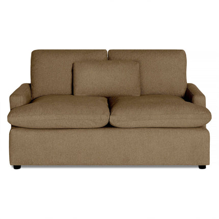 The My Cloud Loveseat is a cozy brown two-seater sofa featuring plush cushions, an extra small back cushion, and set on a plain white background. Its modern design offers comfort and style, perfect for adaptable living room settings.