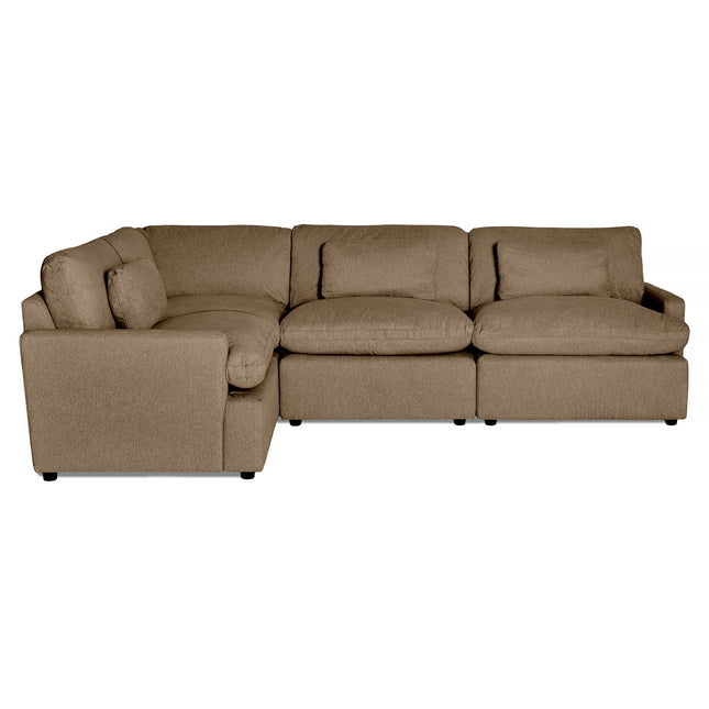 The My Cloud 4 Piece Left L is a large, L-shaped sofa with plush cushions and light brown, machine-washable fabric. Its modern design offers ample seating and functionality, making it ideal for any living room setting.