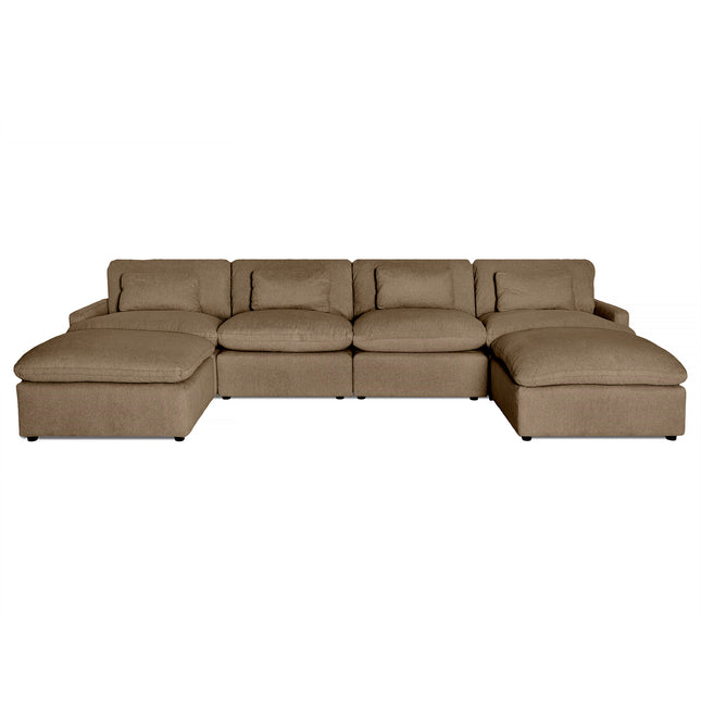 The My Cloud 4 Piece Straight + 2 Ottomans is a spacious beige modular sectional with five seat and back cushions, featuring two end chaise lounges for flexible seating. Its soft, plush fabric ensures comfort for all users.