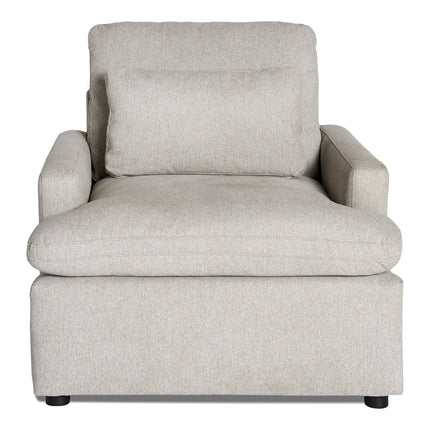 Meet the My Cloud Chair: This plush, light gray armchair features cushioned armrests, a soft seat cushion, and a matching rectangular back pillow. It boasts a simple, modern design with four small black legs.