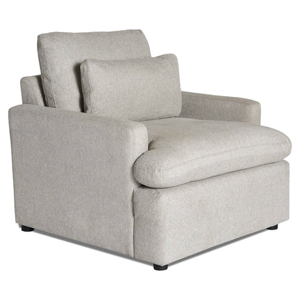 Introducing the My Cloud Chair: a modern, light gray upholstered armchair with a square design. It features two back cushions and a thick seat cushion in matching fabric, elegantly supported by small, dark legs for ultimate comfort.