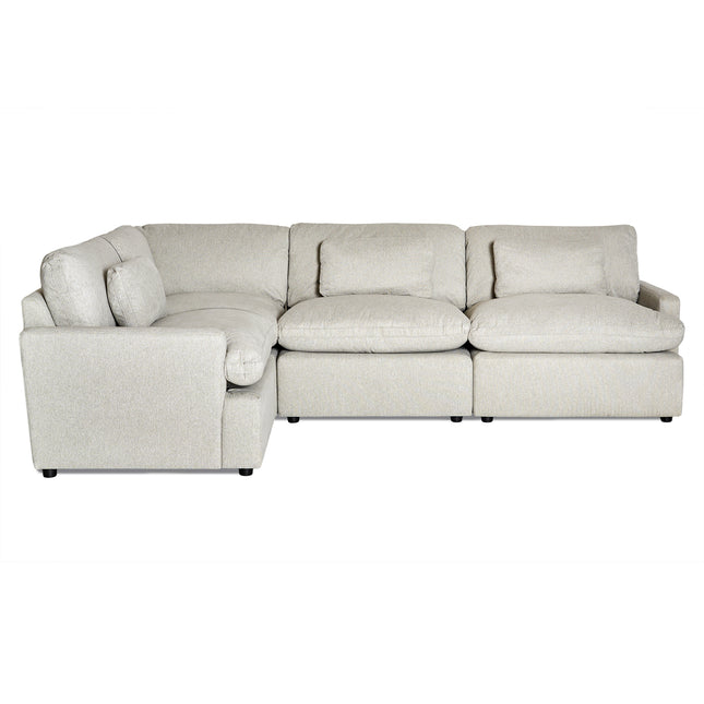 The My Cloud 4 Piece Left L is a light gray L-shaped sectional with plush cushions and rounded armrests. It features a modern design with machine-washable fabric, ample seating, and short black legs.