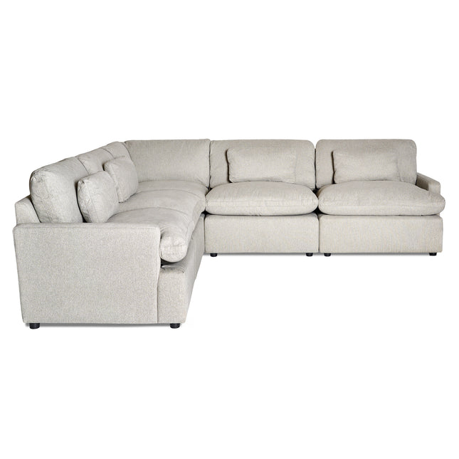 Introducing the My Cloud 5 Piece L, a spacious L-shaped sectional with light gray upholstery. This customizable sofa features plush cushions and a modern, minimalist design, perfect for any large living room.