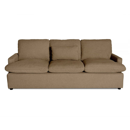 The My Cloud Sofa is a brown, plush three-seater with a simple modern design, featuring thick armrests and small dark legs for a cozy and stylish seating option.