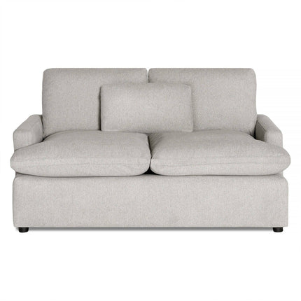 Introducing the My Cloud Loveseat: a contemporary two-seater sofa in light gray with plush cushions, a rectangular throw pillow, and straight armrests on short black legs. This piece embodies comfort and minimalistic design.