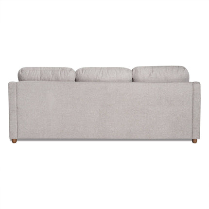 The image displays the back view of a My Cloud Slope Sofa with light gray upholstery and three large back cushions. Featuring a modern design, it has small corner wooden legs, and its machine-washable covers add style and practicality.