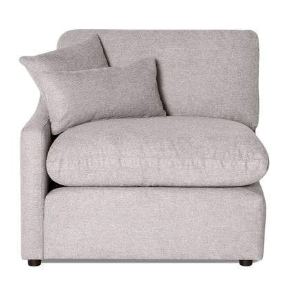 The My Cloud Slope Left Arm in gray fabric enhances your living space with its thick cushioned seat and backrest. This modular piece features an angled pillow against the backrest, a simple modern design, and short black legs.