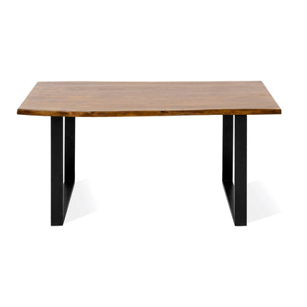 The Live Edge Dining Table features a unique rectangular acacia top with a smooth, natural finish, supported by two sturdy black metal inverted U legs, offering a modern and minimalist design that enhances any room.