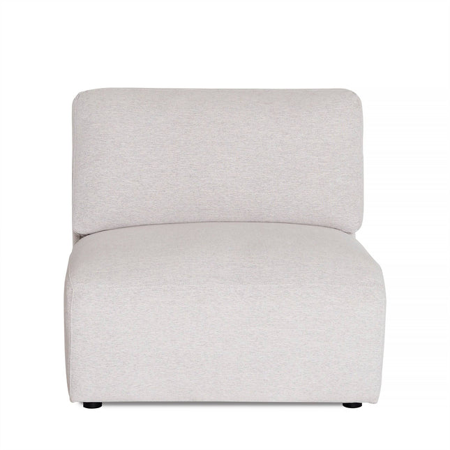 The Lugano Armless is a modern, minimalist sectional piece with light gray fabric upholstery. It features a cushioned backrest and seat made from premium materials, sleek design, and nearly invisible feet for endless configuration options in any space.