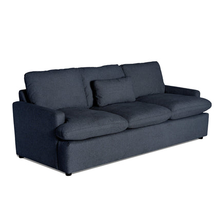 Introducing the My Cloud Sofa, a dark gray, three-seater with plush seat and back cushions and two armrests. This minimalist masterpiece features a rectangular design that contrasts beautifully against a white backdrop for ultimate comfort and style.