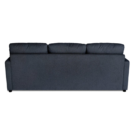 The image showcases the back view of a My Cloud Sofa, a dark blue-gray piece with three cushioned seat backs. It features soft fabric upholstery and is set against a plain white background, embodying customizable comfort and style.