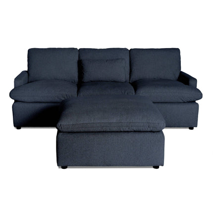 The My Cloud Sofa, a dark gray sectional with three back cushions and a matching ottoman, delivers luxurious comfort. Its modern, low-profile design contrasts elegantly against a white background, capturing the essence of customizable living space furniture.