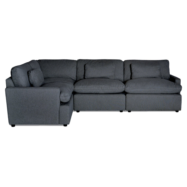 Introducing the My Cloud 4 Piece Left L—a large, modern gray sectional with plush cushions in an L-shape. Upholstered in textured, machine-washable fabric, it combines style and convenience against a plain white background.