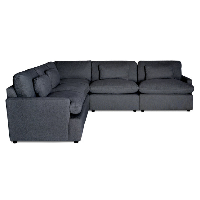 Introducing the My Cloud 5 Piece L, a dark gray sectional with plush cushions. Its contemporary design, featuring clean lines and upholstered fabric, seamlessly blends into any modern living room.