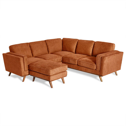 The Maddox Sectional is a mid-century modern marvel for your living room, boasting an L-shape design in burnt orange. It features three back and seat cushions, a left chaise, and tapered wooden legs, blending style with functionality.