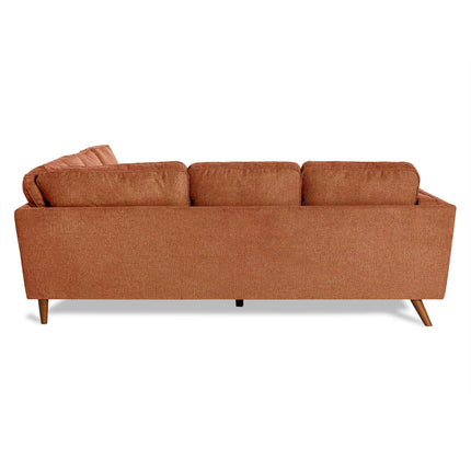 The Maddox is a red-brown upholstered sectional sofa with three back cushions, mid-century modern design, and wooden legs. Ideal for any living room, it sits elegantly against a white background.