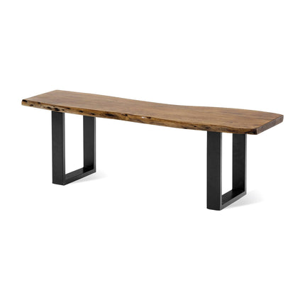 The Live Edge Bench features a handcrafted acacia tabletop with natural grain patterns, supported by two black metal rectangular legs.