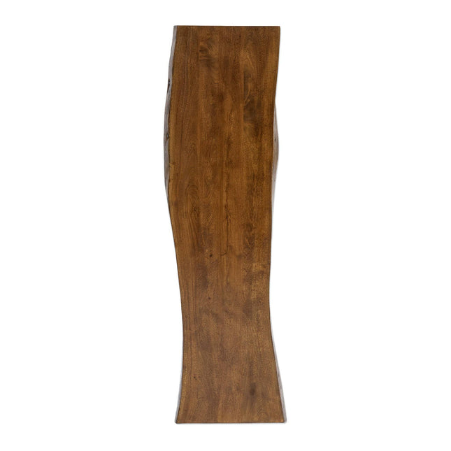 Viewed from above, the handcrafted Live Edge Bench features a long, rectangular top with a natural brown finish and an irregular wavy edge. The visible wood grain gives it a rustic charm, highlighting its unique shape.