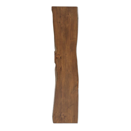 The Live Edge Bench is a handcrafted, narrow brown wooden plank that stands upright against a white background, featuring natural wood grain and slightly irregular edges.
