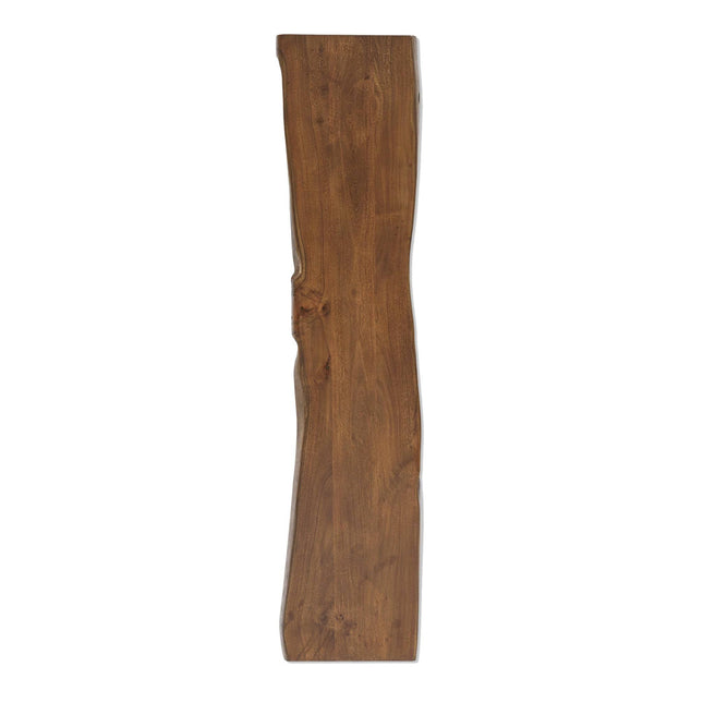 The Live Edge Bench is a handcrafted, narrow brown wooden plank that stands upright against a white background, featuring natural wood grain and slightly irregular edges.