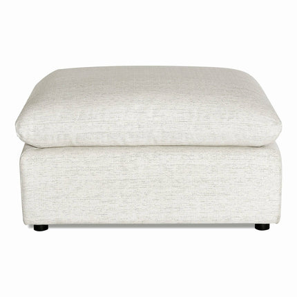 The My Cloud Slope 40 Ottoman, rectangular and light gray, blends comfort and style with its soft cushioned top. Its subtle fabric texture rests on small round black feet, making it a customizable piece suitable for seating or as a footrest.