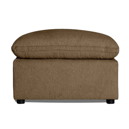 Introducing the My Cloud 30 Ottoman, featuring a brown rectangular base and plush cushion. The textured fabric complements small black legs, offering comfort and functionality. Part of our customizable line, its perfect for your personal relaxation haven.