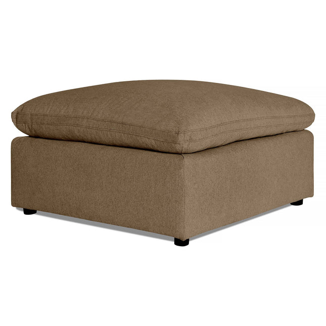 Introducing the My Cloud 40 Ottoman, a square, light brown piece with a cushioned top and black feet, set against a white background. This comfortable furniture boasts a simple, modern design perfect for use as a footrest or extra seating.