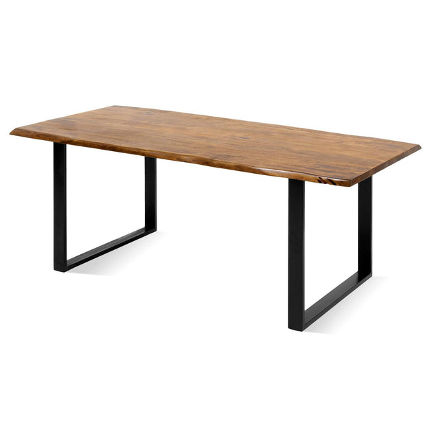 The Live Edge Dining Table features a rectangular wood top with a smooth, natural finish and thick edges, supported by black metal legs for a modern minimalist look. Its unique wooden slabs stand out against a white floor, highlighting the tables simple elegance.