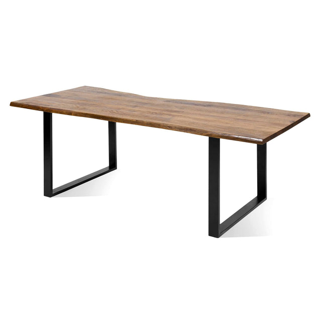 This inviting space features the Live Edge Dining Table, showcasing a natural-finish acacia top with slightly irregular edges. Supported by two black metal U-shaped legs, it exudes modern minimalism while highlighting unique wood slabs.