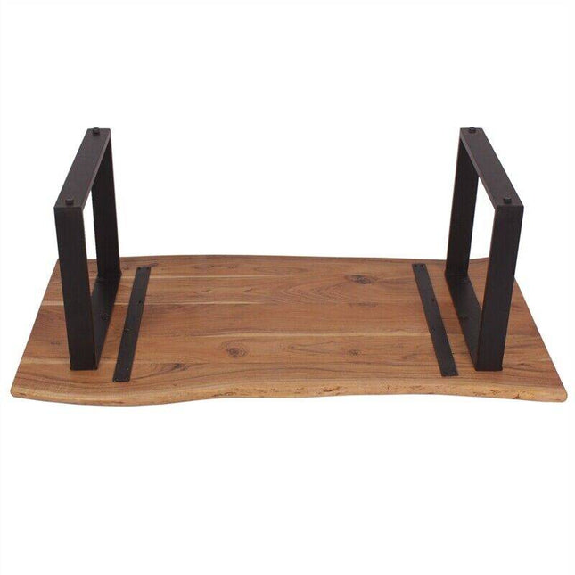 The Live Edge Coffee Table 1 Tier features a wooden tabletop with a natural, wavy edge placed upside down, and two sturdy black metal legs for support.