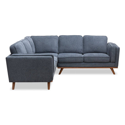 A modern L-shaped sectional sofa with gray fabric upholstery and wooden tapered legs, boasting clean lines and a minimalist design. Features include three back cushions and seating for multiple people, with free fabric swatches available.