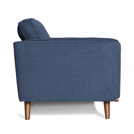 Side view of the Maddox Loveseat, featuring blue upholstery and wooden legs against a white background. This piece blends mid-century modern elegance with a simple design, offering a high backrest, cushioned seat for comfort, and durable construction for lasting style.